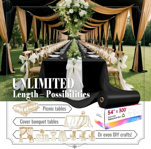 Miniatura 2 de Mantel de plástico desechable, rollo de mantel negro de 54 pulgadas x 300 pies, mantel desechable con cortador deslizante para mesas redondas