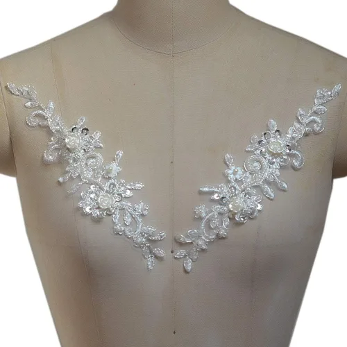 Miniatura 5 de Bling Paillette - Apliques de encaje con cuentas de perlas para novia, parche de costura para bricolaje, cinturón de boda, zapatos, marfil (2 piezas)
