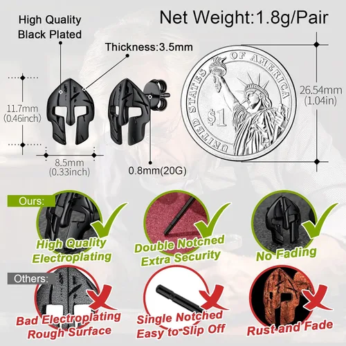 Miniatura 4 de FaithHeart Spartan - Aretes de casco para hombres y mujeres, acero inoxidable, chapado en oro de 18 quilates, joyería de Grecia con delicado