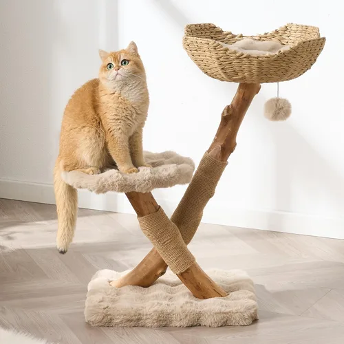 Miniatura 11 de Árbol para gatos de madera natural para gatos adultos de interior, torre de gatos moderna de 33 pulgadas con cama de felpa súper suave y percha