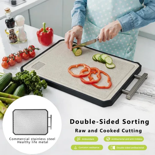 Miniatura 3 de Tabla de cortar de acero inoxidable, grande de 15 x 11 pulgadas, tabla de cortar de doble cara para cocina, paja de trigo de grado alimenticio PP