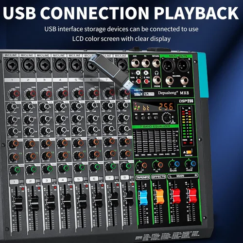 Miniatura 4 de Depusheng MX8 Mezclador de sonido de 8 canales Consola de mezcla de audio 48V 256DSP Profesional USB PC Play Record Podcast Live Broadcast (US MX8)