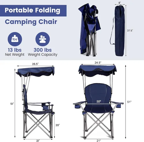 Miniatura 3 de Goplus Silla de camping con toldo plegable, con soporte para sombrilla y bolsa de transporte, silla portátil para adultos para playa, viajes al aire