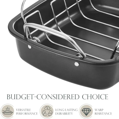 Miniatura 5 de KITESSENSU Sartén antiadherente para asar pavos con estante de 17 x 14 pulgadas, sartén grande para asar pollo para horno, asas más anchas