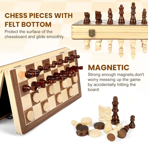 Miniatura 2 de LEAP Juego de ajedrez magnético de madera de 15.5 pulgadas, tablero de ajedrez plegable de 3 pulgadas, piezas de ajedrez de altura King de 3