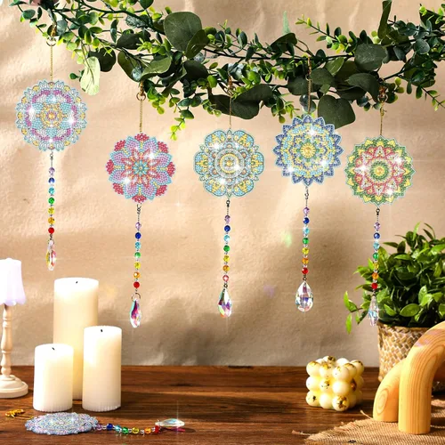Miniatura 5 de Yeaqee 6 piezas de pintura de diamante, diseño de mandala, campanillas de viento de doble cara, manualidades de pintura para adultos, ventana