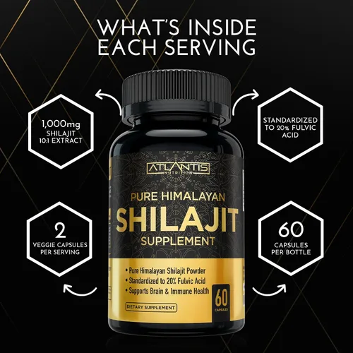 Miniatura 7 de Atlantis Nutrition Cápsulas Shilajit del Himalaya formuladas con 20% de ácido fúlvico Suplemento Shilajit del Himalaya para hombres y mujeres