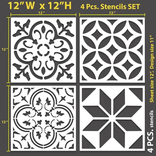 Miniatura 2 de STENCILOGY® / 4 piezas de 12 x 12 pulgadas/juego de plantillas de azulejos reutilizables para pintura, muebles, suelo/hogar plantillas de pared