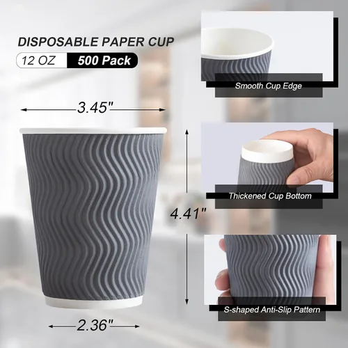 Miniatura 2 de Lamosi 500 tazas de café aisladas de 12 onzas a granel, vasos de papel desechables sin tapas, 12 onzas, diseño de pared ondulada corrugada para Gris