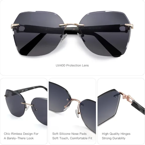 Miniatura 10 de ZENOTTIC Lentes de sol sin montura de gran tamaño para mujer, diseño geométrico de corte de diamante, lentes degradados, protección UV, tonos de moda