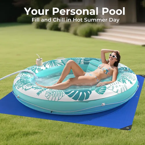 Miniatura 4 de Inflatable Tanning Pool Lounger Float with Protection Tarp, 75" x 75" Pool Floats Adult with Pillow, 6 in 1 Suntan Tub Raft Floatie, Sunbathing Cian