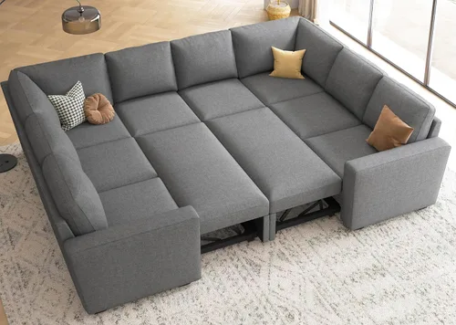 Miniatura 26 de HONBAY Sofá seccional modular con cama extraíble, sofá cama con forma de U extraíble con secciones de almacenamiento para sala de estar - Beige