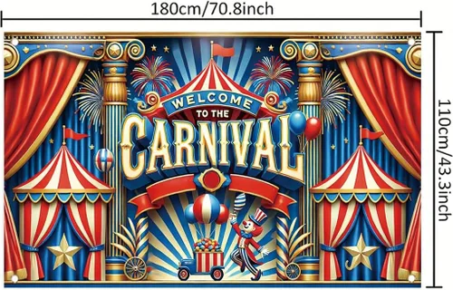 Miniatura 2 de Cartel con temática de carnaval de 71 x 43 pulgadas, tienda de campaña de circo, globos de payaso, decoración de fiesta para niños, feria