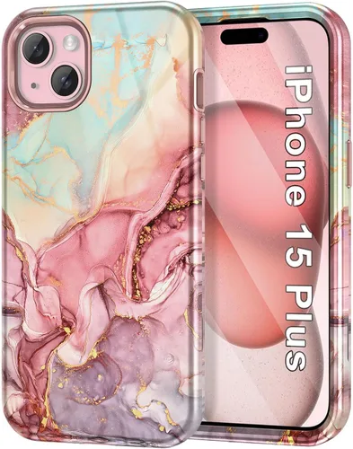 Miniatura 10 de Btscase Funda para iPhone 15 de 6.1 pulgadas (2023), patrón de mármol 3 en 1, resistente a prueba de golpes, cuerpo completo, policarbonato