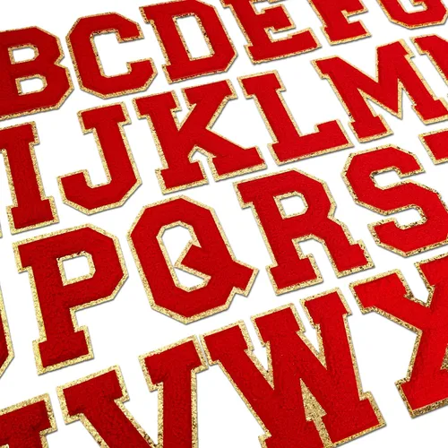 Miniatura 2 de 3 parches de letras de felpilla roja, parches de letras termo-adhesivas de 4-1/2" con brillantina para ropa, S