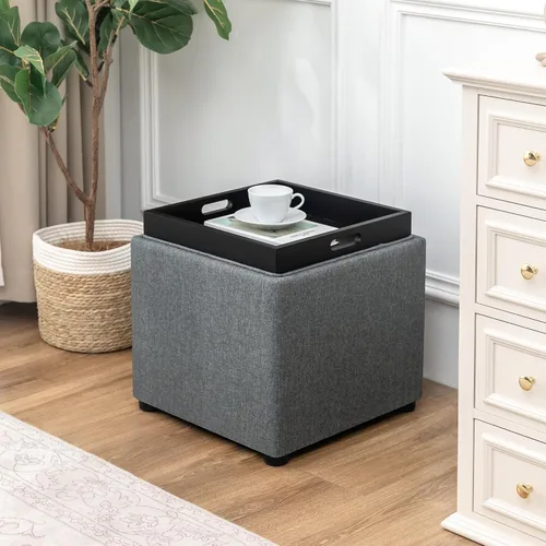 Miniatura 11 de Joveco Otomana Cuadrada con Almacenamiento con Bandeja, Pequeño Taburete de Reposapiés de Corderito, Mesa de Centro para Dormitorio y Sala de Estar