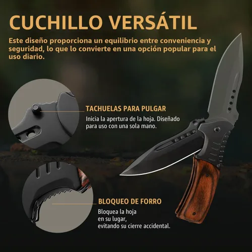 Miniatura 4 de Cuchillo de bolsillo para hombres con mango de madera, rompedor de vidrio y clip de bolsillo, hoja afilada de 3.66 pulgadas, cuchillos plegables 1.