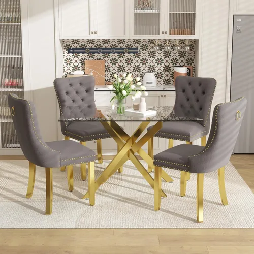 Miniatura 20 de Juego de mesa de comedor de 51 pulgadas de vidrio para 4, mesa de cocina rectangular de vidrio con 4 sillas tapizadas con acentos de terciopelo