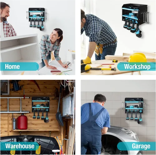 Miniatura 7 de DURATECH Organizador de herramientas eléctricas para montaje en pared con regleta eléctrica, acero al carbono, azul, 16.8 pulgadas de ancho, 10.9