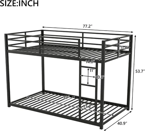 Miniatura 2 de Harper & Bright Designs Litera de metal individual sobre individual, litera baja resistente con barandillas de seguridad y escalera (negro)