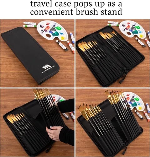 Miniatura 3 de WA Portman - Juego de 15 pinceles profesionales para pintura, herramientas multiusos para acrílico, acuarela, gouache y pintura al óleo, kit