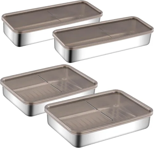Miniatura 7 de Recipiente de tocino para refrigerador, 2 unidades, recipiente grande de acero inoxidable para nevera, antiadherente, apilable, estilo japonés
