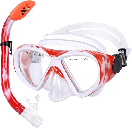 Miniatura 16 de Juego de esnórquel para niños, máscara de buceo antivaho para niños, gafas de natación, equipo de esnórquel con parte superior seca, paquetes