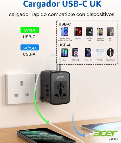 Miniatura 2 de Acer Adaptador de enchufe de viaje universal - Adaptador de corriente internacional con 5 puertos USB (3 USB C) 5.8A, cargador de salida mundial