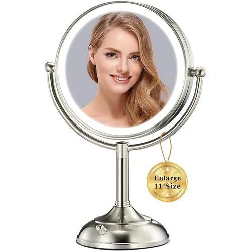 VESAUR Espejo de maquillaje iluminado extra grande de 11.8" y 17" de alto, espejo de aumento de 3 lados 1X/5X/10X con 96 LED, 3 luces regulables de