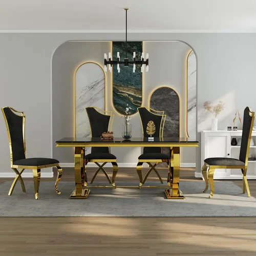 Miniatura 2 de Asday Mesa de comedor negra y dorada, mesa de comedor de lujo de 70 pulgadas con base en U de metal de acero inoxidable dorado para 4-8