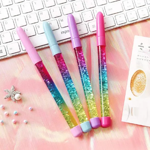 queenland Paquete de 4 bolígrafos de tinta de gel de arena líquida arcoíris con brillantina, bolígrafos de cristal, bolígrafos de punta redonda para
