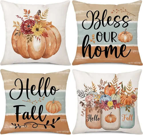 Miniatura 12 de Fundas de Almohada Decorativas de Otoño 18x18 Pulgadas Juego de 4 para Decoración de Otoño Calabaza Gris Camión Feliz Cosecha Granja Decorativas