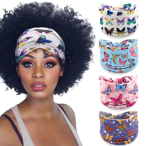 Miniatura 9 de Diademas bohemias de mariposa – Diademas elásticas con estampado floral anudado, turbante elástico para mujeres y niñas, paquete de 4 (mariposa C)
