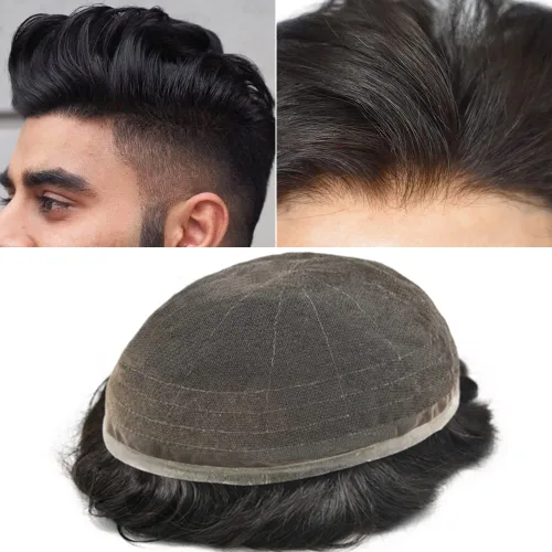 Miniatura 25 de Completo suizo encaje tupé para hombres pieza de pelo real sistema de reemplazo de cabello humano para hombres Toupee Hairpieces para hombres 7x9