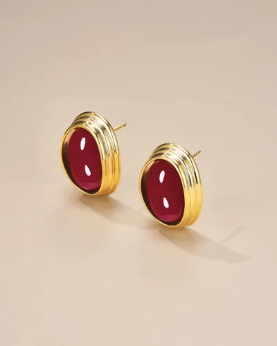 Miniatura 3 de Aretes gruesos chapados en oro de 18 quilates, con diseño ovalado, ovalado, con forma de cúpula exagerada y redondeada, hechos a mano, con botón