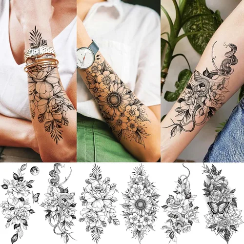 Miniatura 2 de VANTATY 61 hojas de tatuajes temporales 3D de serpiente y flores para mujeres y niñas, tatuajes para el cuello y el brazo, 12 hojas de tatuajes