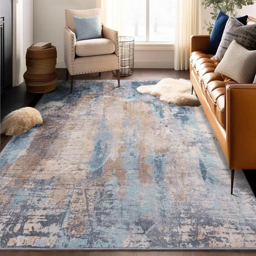 Miniatura 19 de Kelarea Alfombra lavable para sala de estar, 5 x 7 antideslizante, alfombras modernas abstractas color beige, alfombra de pelo bajo fácil