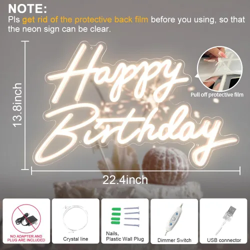 Miniatura 2 de Letrero de neón de feliz cumpleaños, 22.4 x 13.8 pulgadas, letrero de feliz cumpleaños para decoración de fiesta de cumpleaños, letreros LED Blanco