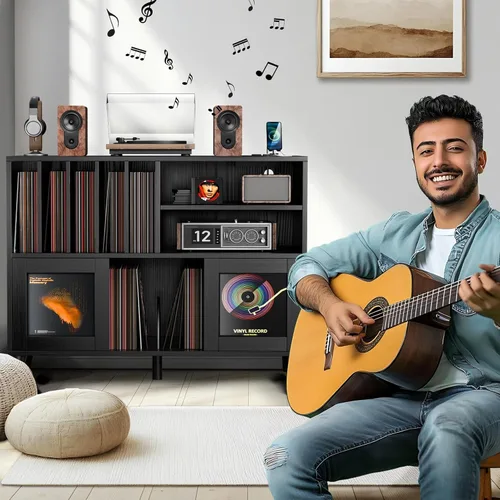 Miniatura 3 de Soporte XL para tocadiscos con puertas corredizas, gabinete de almacenamiento de discos de vinilo con estación de carga y puertos USB, mesa moderna