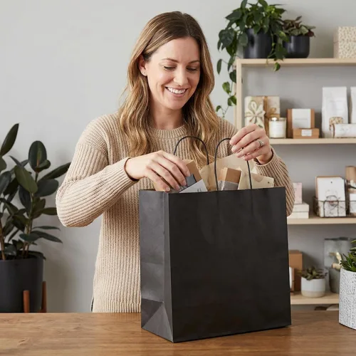 Miniatura 2 de PAICUIKE 100 bolsas grandes de papel negro con asas, bolsas de compras a granel de 13 x 7 x 13 pulgadas para pequeñas empresas, regalo para el día