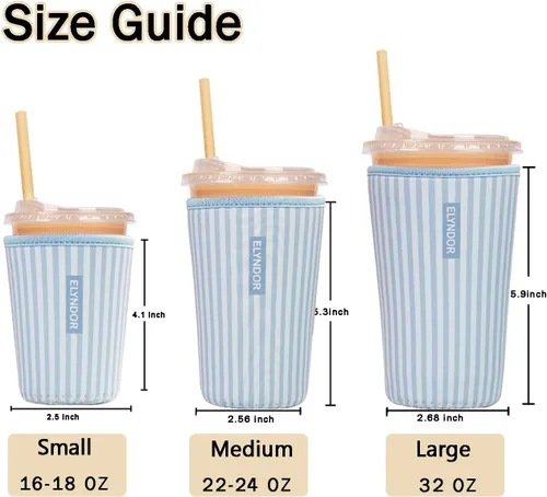 Miniatura 5 de Funda aislante reutilizable para taza de café helado, paquete de 3 fundas de neopreno para bebidas frías y calientes, soporte para bebidas para café