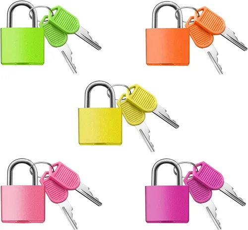 Miniatura 9 de Paquete de 5 candados para maleta con llaves, candados pequeños de 0.906 in, multicolor, de latón macizo, para maleta, equipaje, bolsa de viaje, A