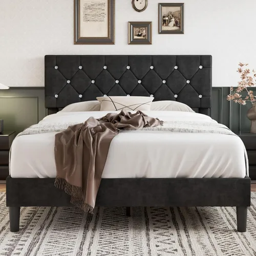 Miniatura 11 de VECELO Base de cama de tamaño individual, plataforma tapizada con cabecera ajustable de diamante, soporte de listones de madera, no necesita somier