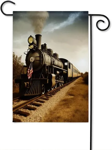 Moslion Bandera de tren para jardín, vintage, motor de vapor, locomotora, tren, vía de ferrocarril, bandera, bandera, bandera de doble cara, bandera