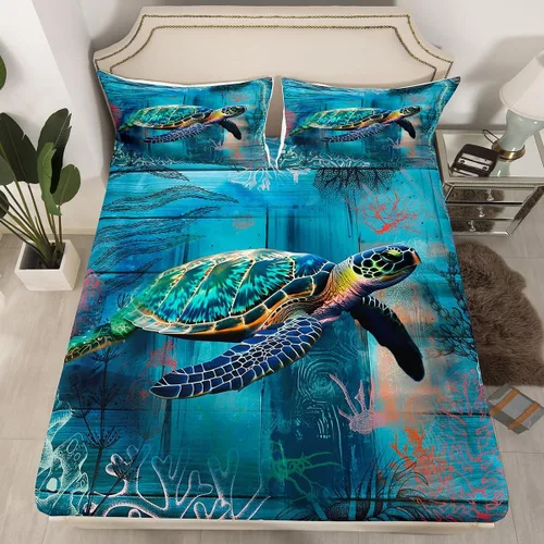 Sábana bajera ajustable de tamaño individual para niños, diseño de animales marinos náuticos, juego de ropa de cama coral bajo el mar, juego de ropa