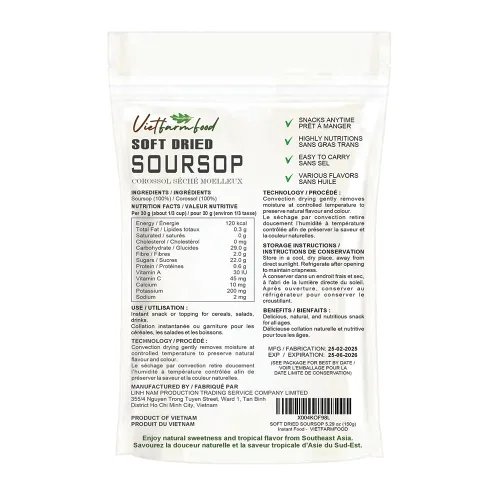 Miniatura 2 de SOURSOP SUAVE SECO (GUANABANA) 5.29 Oz (5.29 oz) VIETFARMFOOD: Fruta seca por convección, dulzura natural pura sin azúcar, suave al masticar.