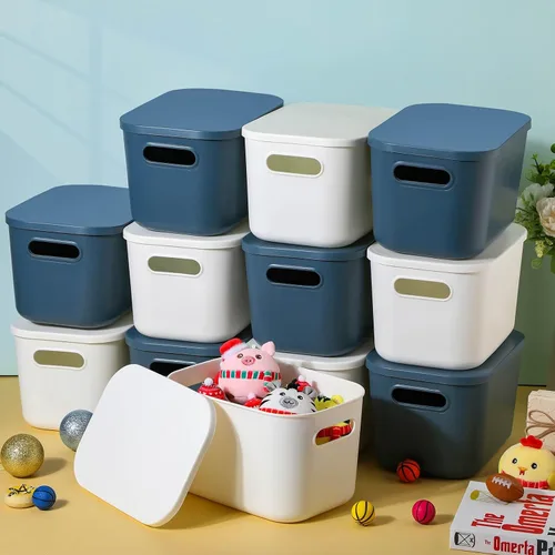 Miniatura 6 de Thyle Paquete de 12 contenedores de almacenamiento de plástico azul y blanco con tapas, contenedor de almacenamiento apilable de 7 cuartos de galón