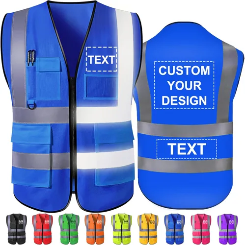 Chaleco de seguridad personalizado Chalecos reflectantes de alta visibilidad con bolsillos con cremallera, logotipo personalizado clase 2 para Azul