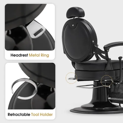 Miniatura 6 de BarberPub Silla de peluquero resistente para hombres con reposacabezas, sillas reclinables hidráulicas de metal antiguo multiusos, equipo de negro