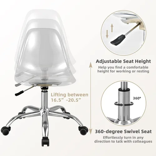 Miniatura 4 de Giantex Silla de escritorio de acrílico, silla enrollable de oficina transparente sin brazos, silla fantasma de ocio ajustable con base cromada